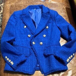 Royal blue tweed double breasted blazer gold buttons